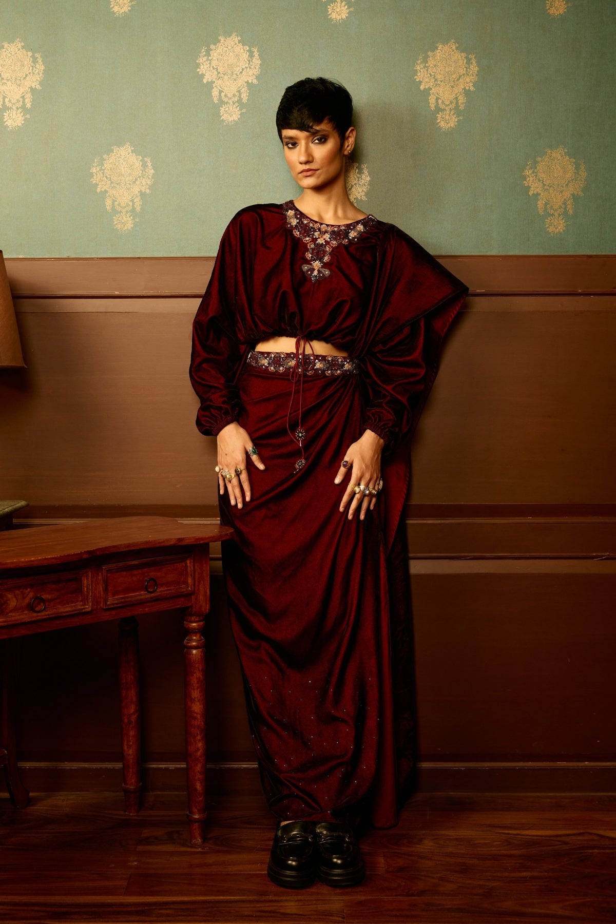 Sangria velvet drape skirt and balero