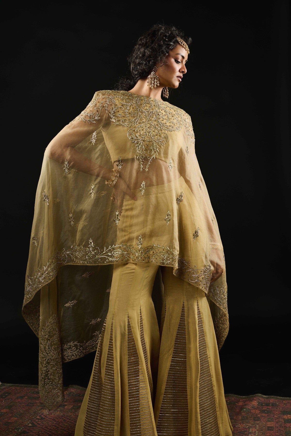 Noor Golden kaftan cape sharara set