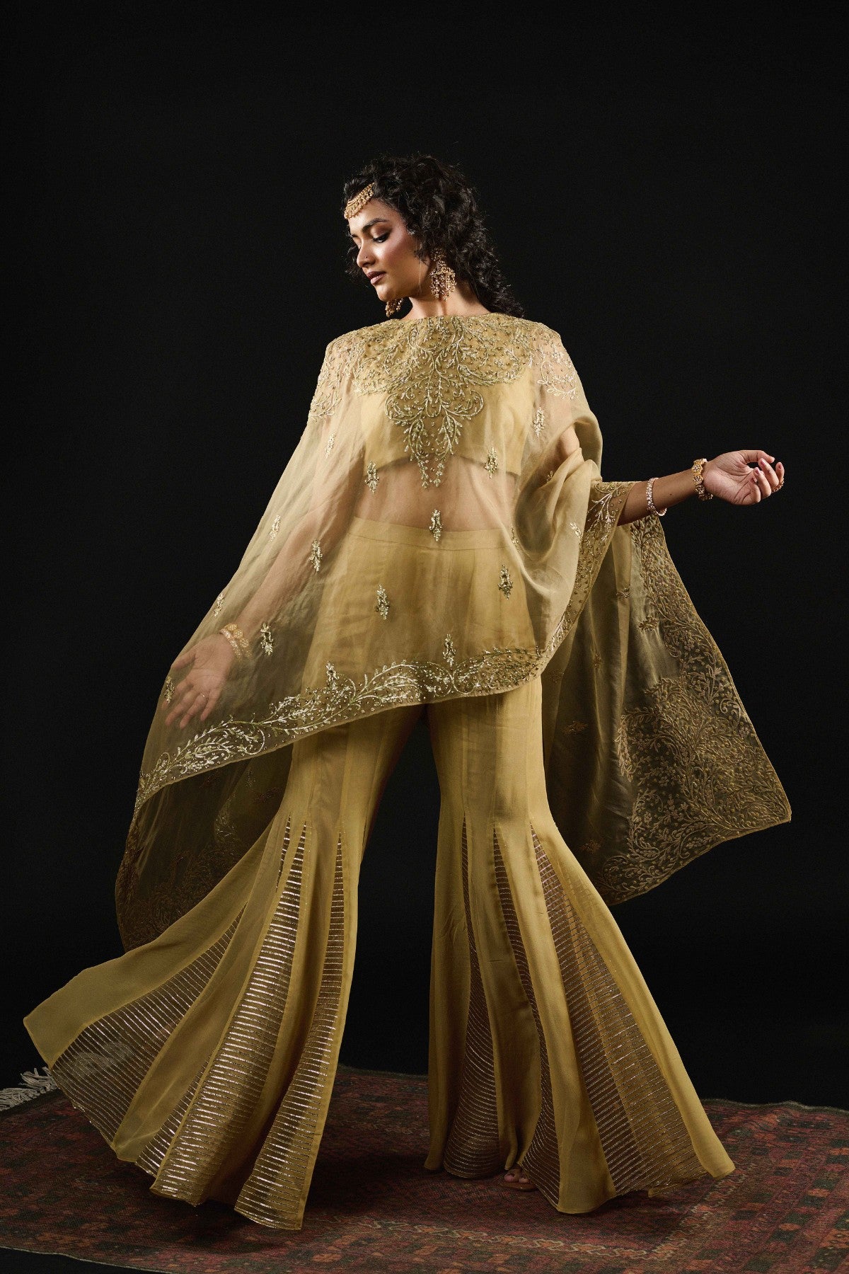 Noor Golden kaftan cape sharara set