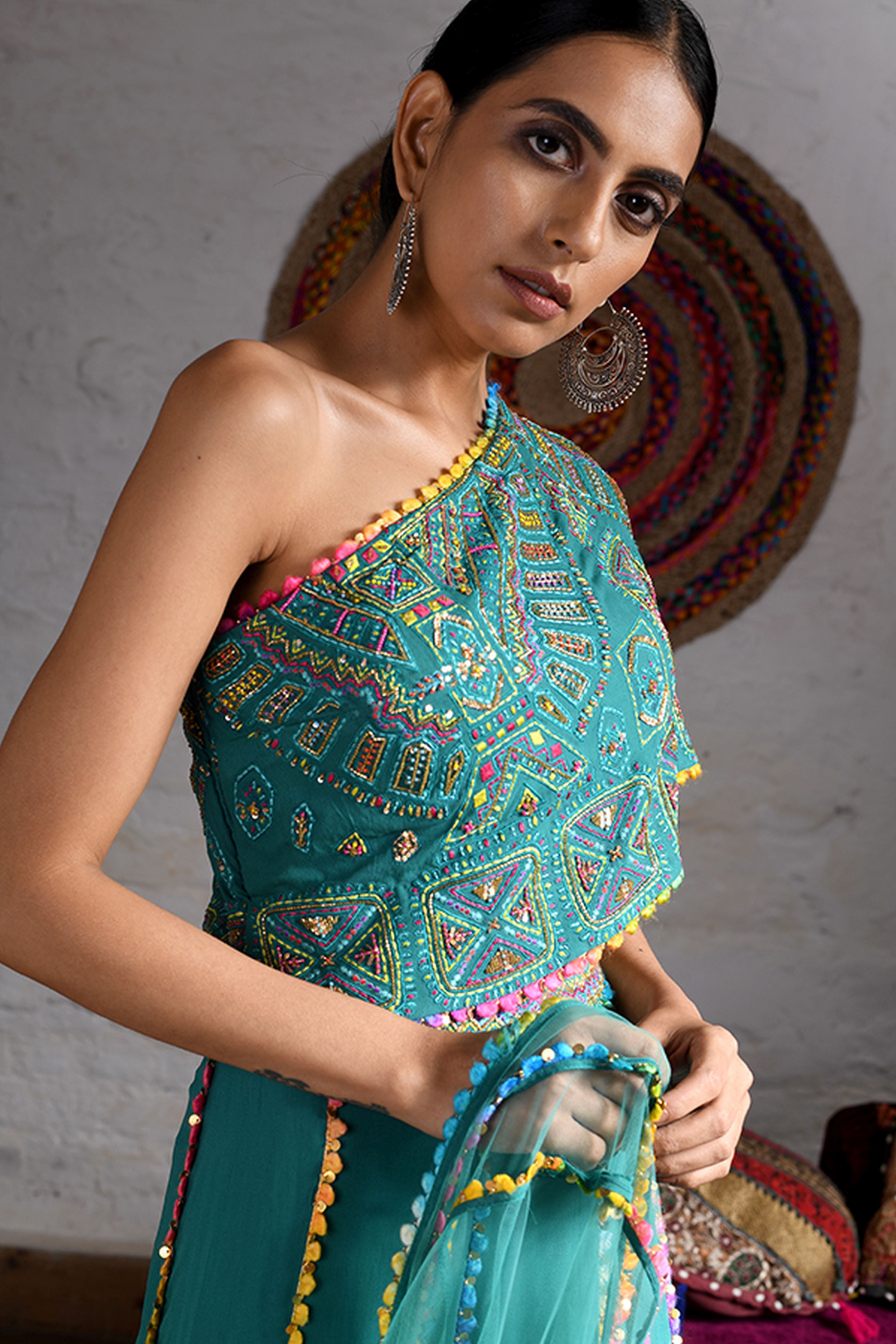 One Side Off Shoulder Crop Top With Lehenga And Dupatta