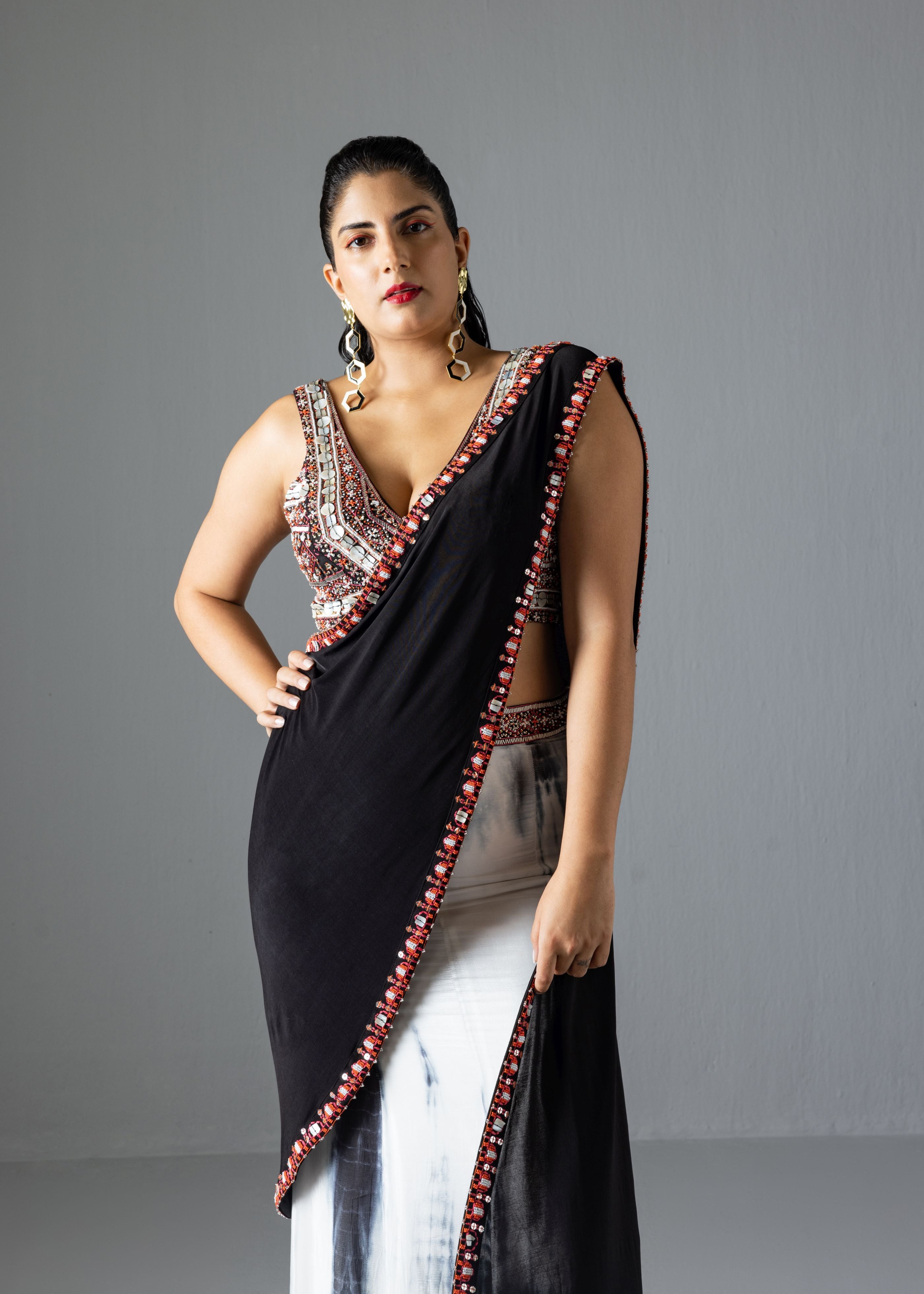 Black Tie-Dye Drape Saree