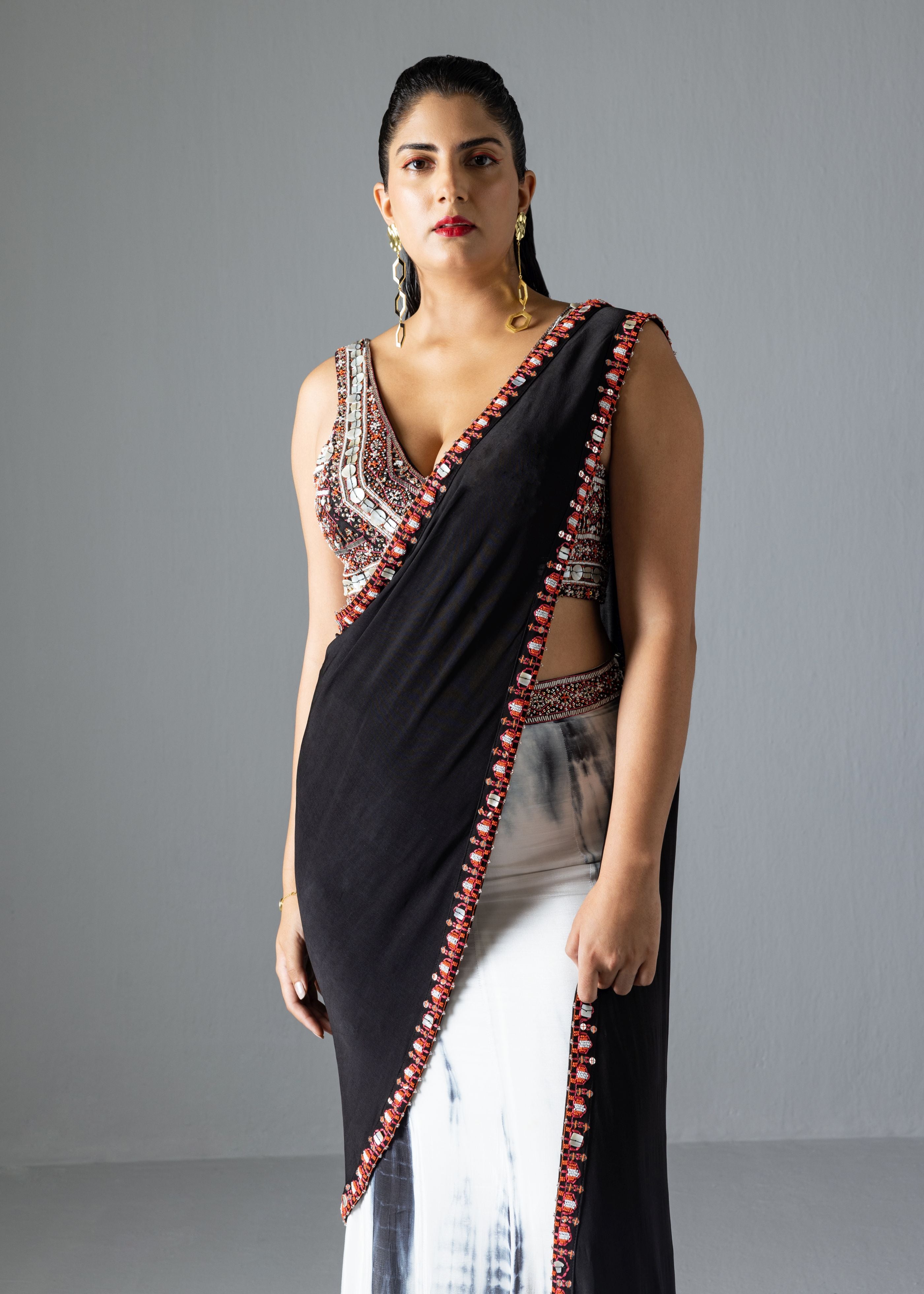 Black Tie-Dye Drape Saree