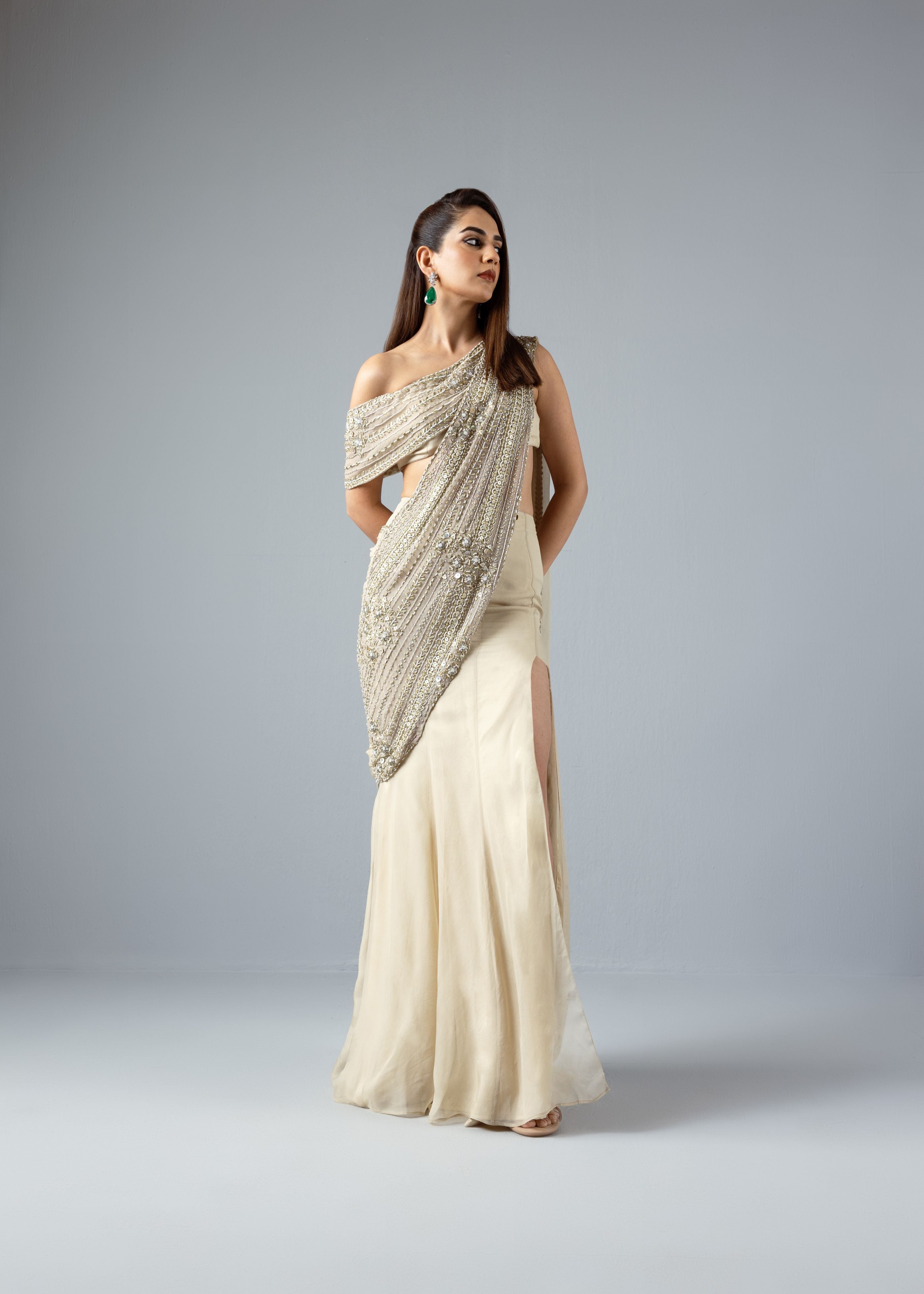 Heavy Embroidered Dove Saree