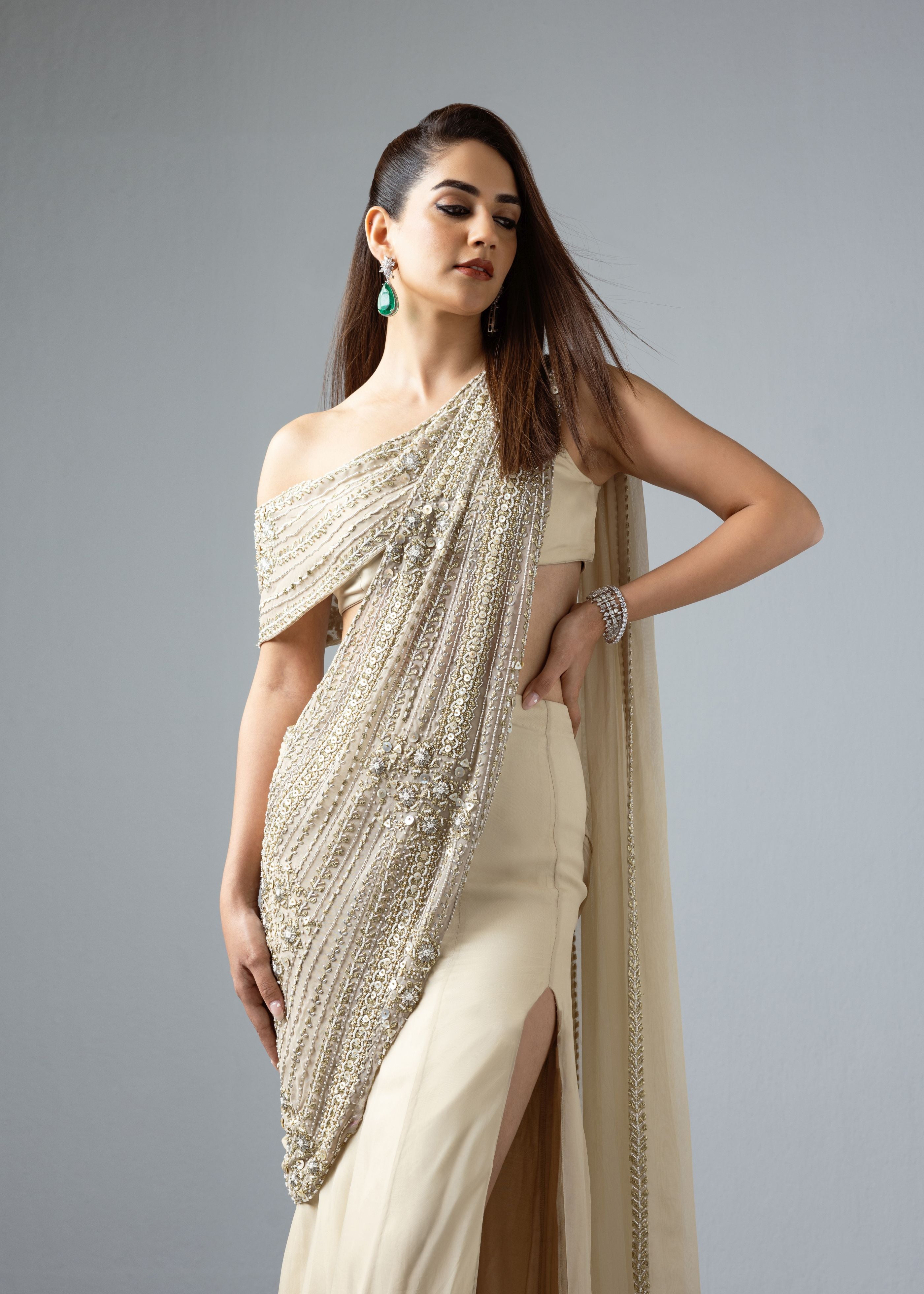 Heavy Embroidered Dove Saree